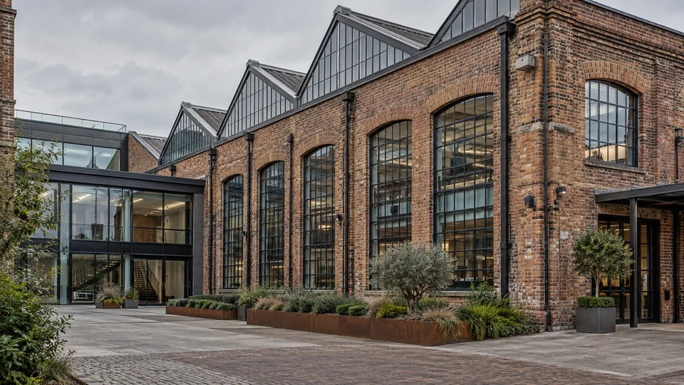 Illustrative brick business premises with tall factory windows
