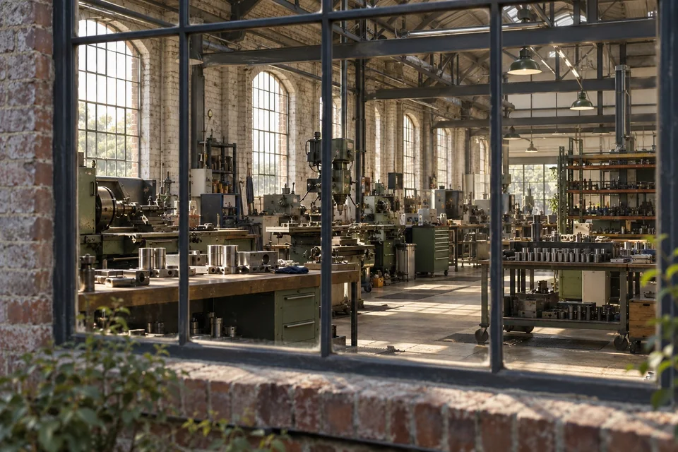 Illustrative manufacturing workshop with machinery and benches